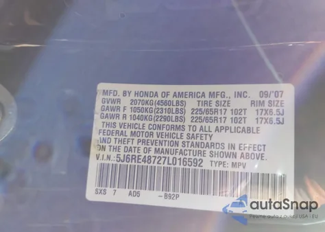 2007 Honda Cr-V Ex-L из США, поврежденный, VIN 5J6RE48727L016592